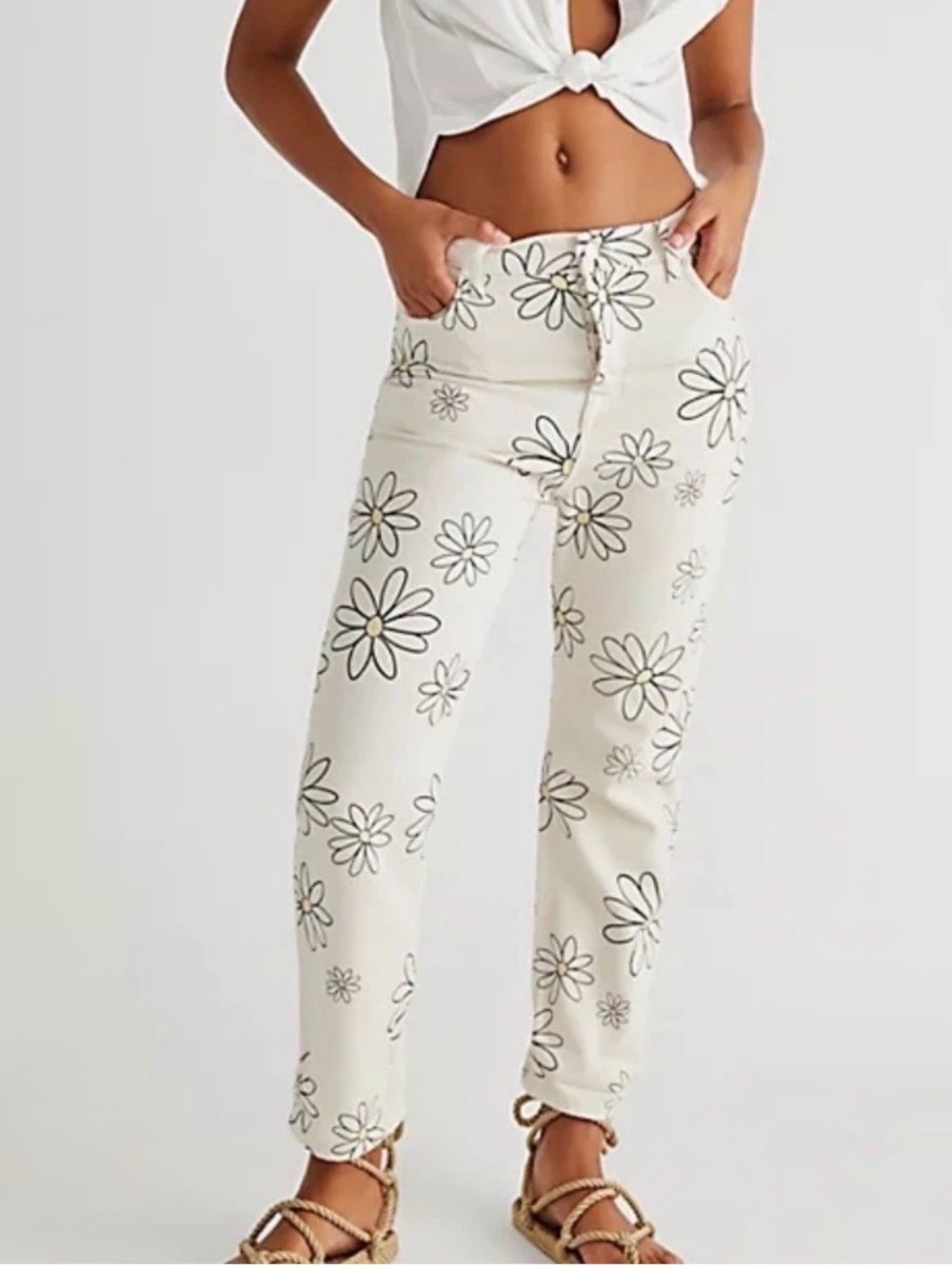 Free People Cream Straight-Leg Floral Print Pants